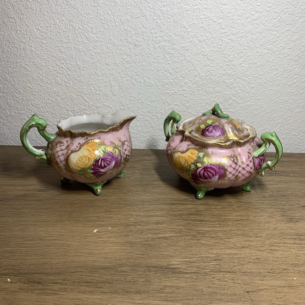 VTG Moriage Porcelain Creamer Sugar Bowl Set Roses Gold Trim Green Purple Fancy - Picture 4 of 7